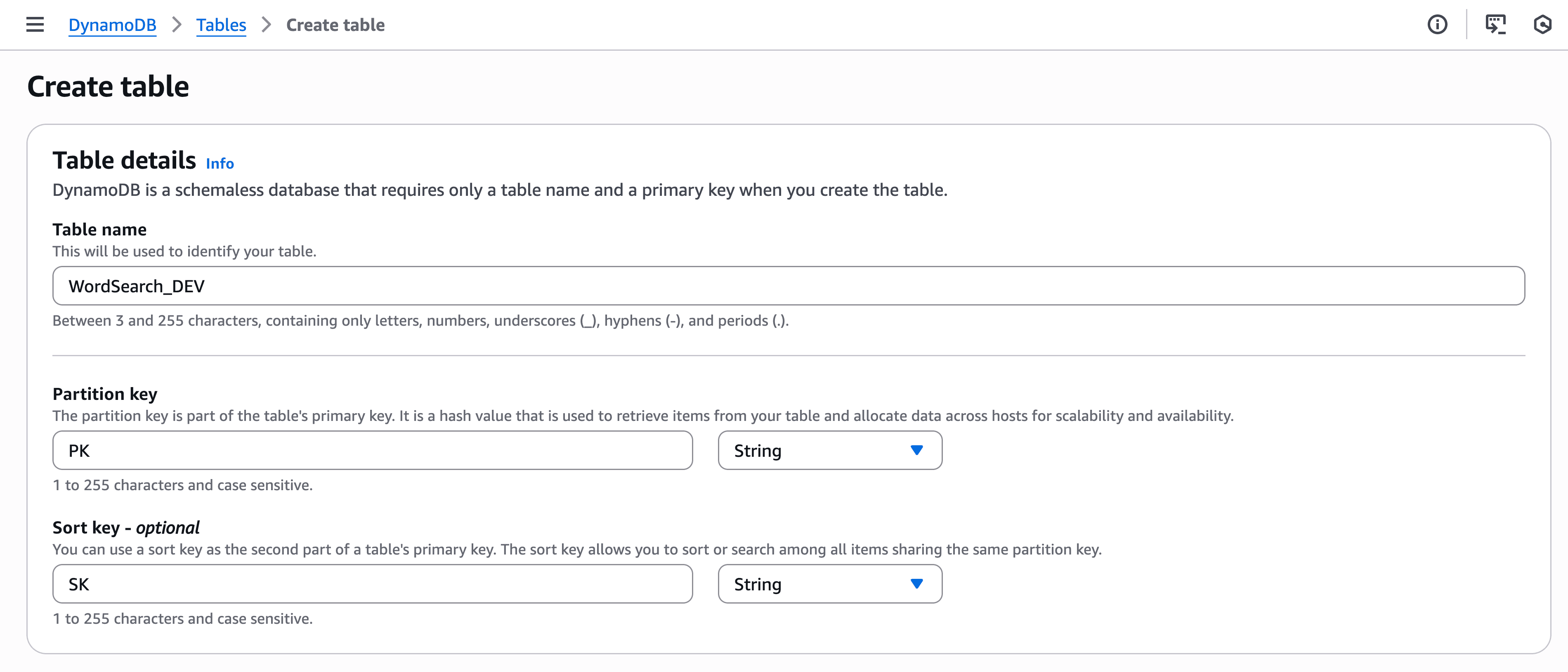 aws dynamodb create table